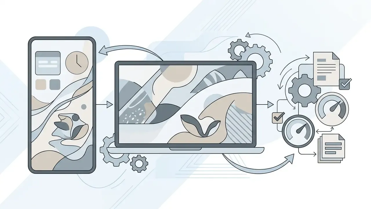 Mobile phone and laptop screens connected by gears and arrows to document and gauge icons
