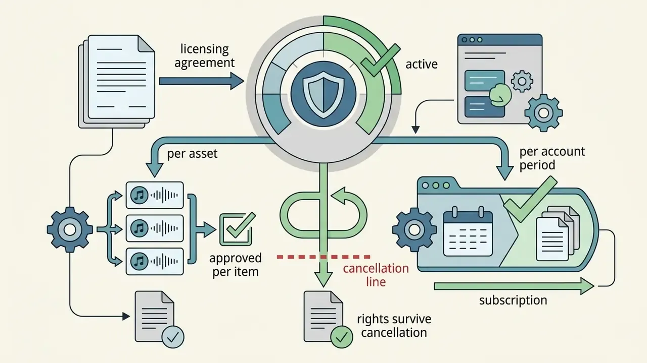 Diagram showing licensing agreement paths for per asset and per account period rights after cancellation