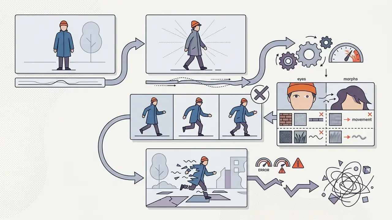 Character animation frames showing facial and limb distortions as they move through a processing system