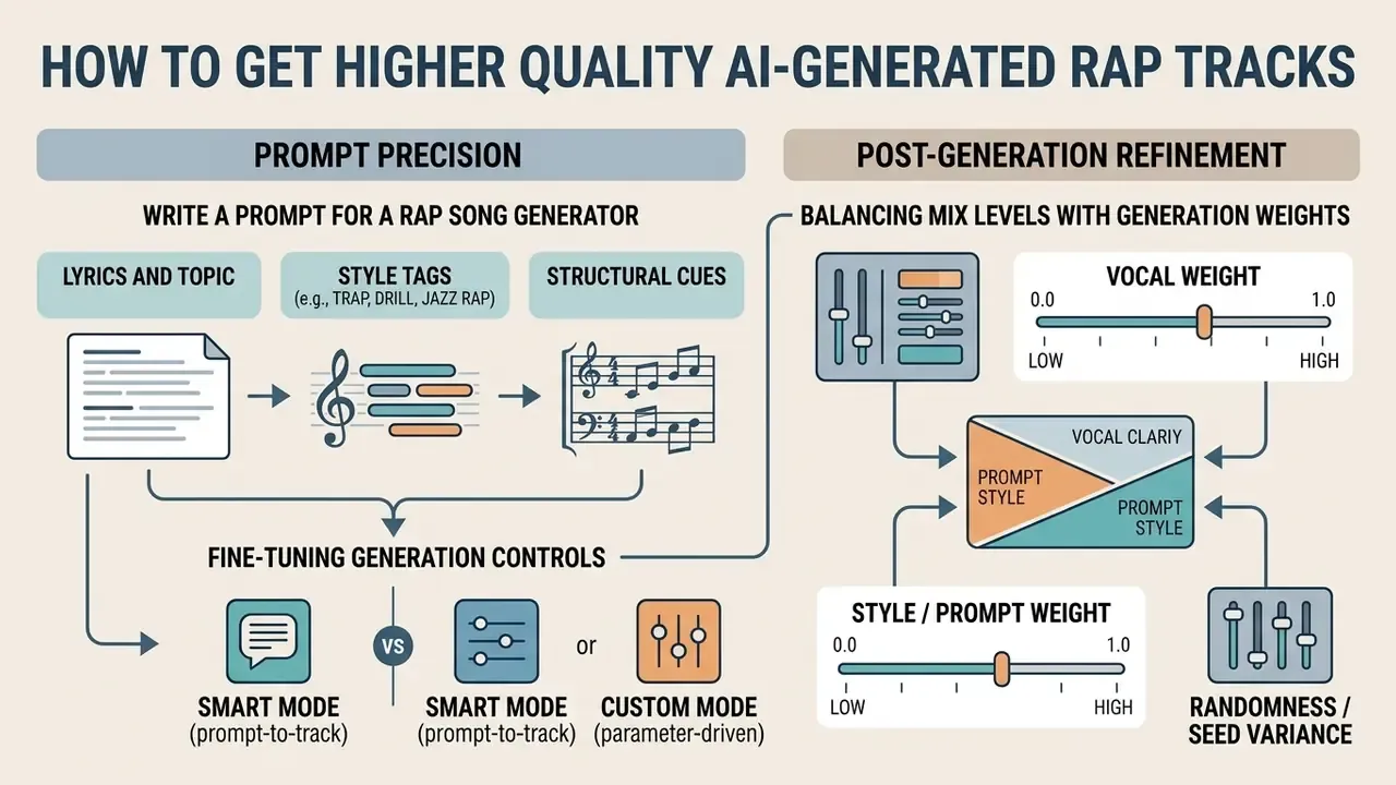 Infographic comparing prompt precision and post-generation refinement settings for music production