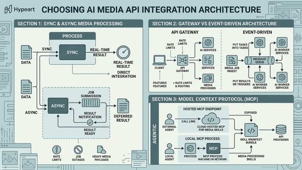 Diagram comparing synchronous, asynchronous, event-driven, and agentic API integration architectures