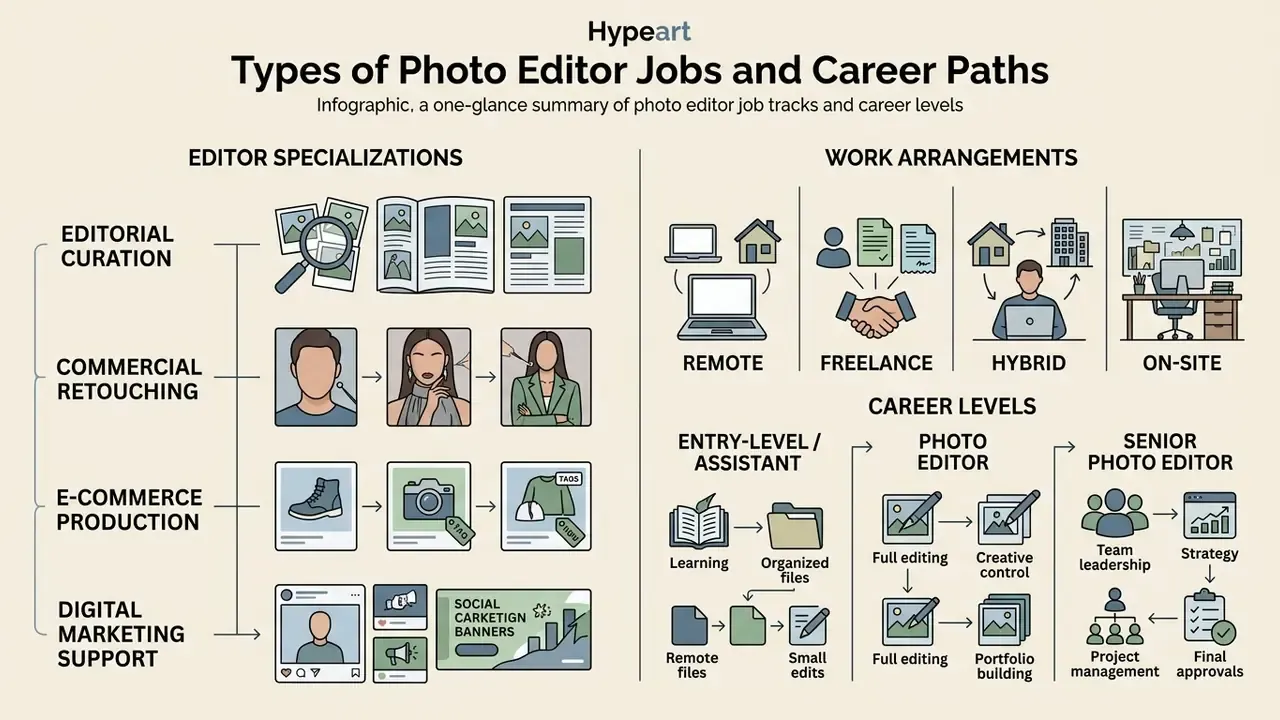 Infographic detailing professional specializations, work arrangements, and career levels for photo editors