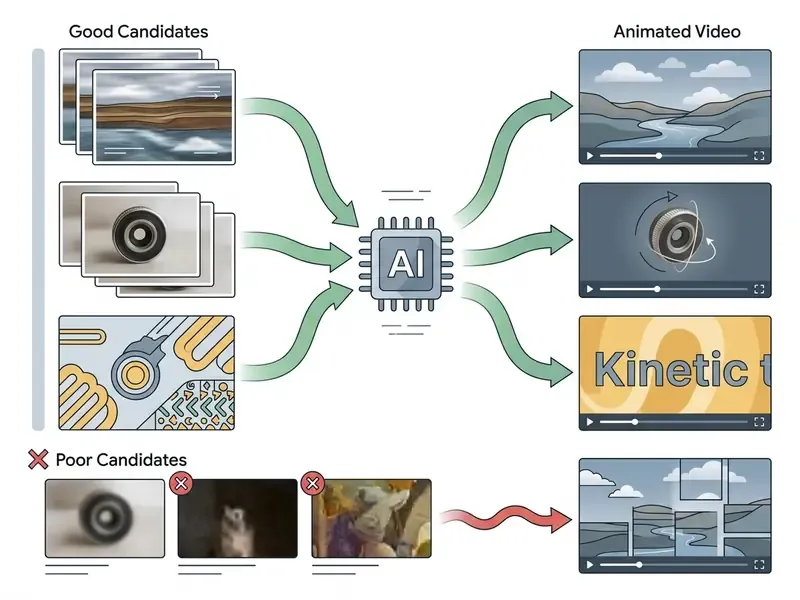 Diagram showing how an AI engine transforms suitable static images into animated video clips