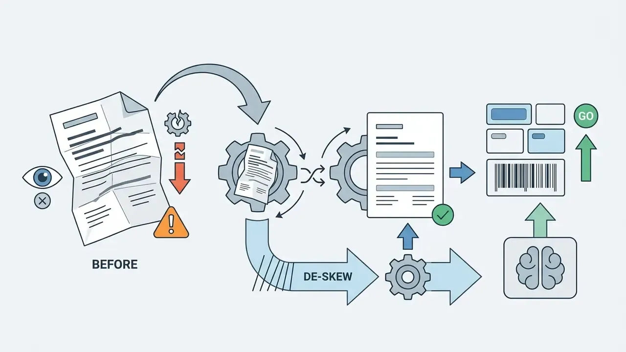 Skewed document flowing through a gear mechanism and de-skew process to produce a corrected file