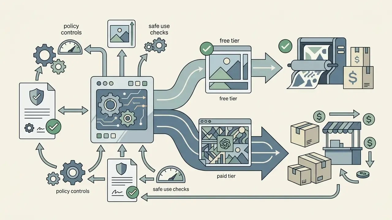 Processing unit directing image generation flows toward free and paid tiers for commercial distribution