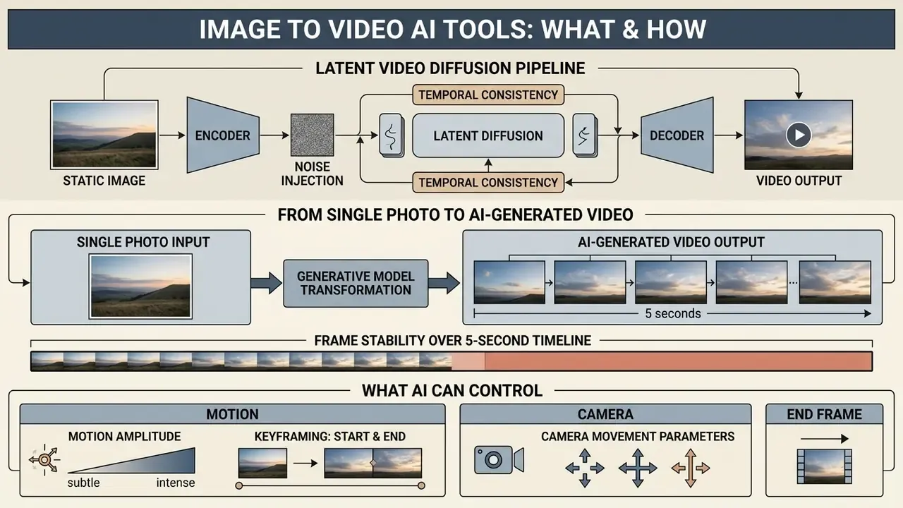 Infographic showing the latent diffusion pipeline and controls for generating video from static images