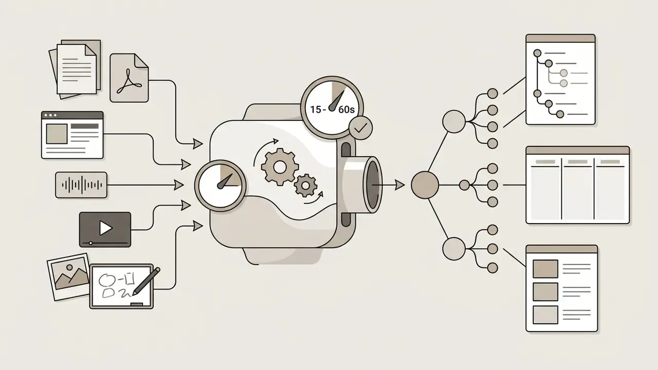 Various media inputs flowing into a processing engine to create structured hierarchical digital diagrams