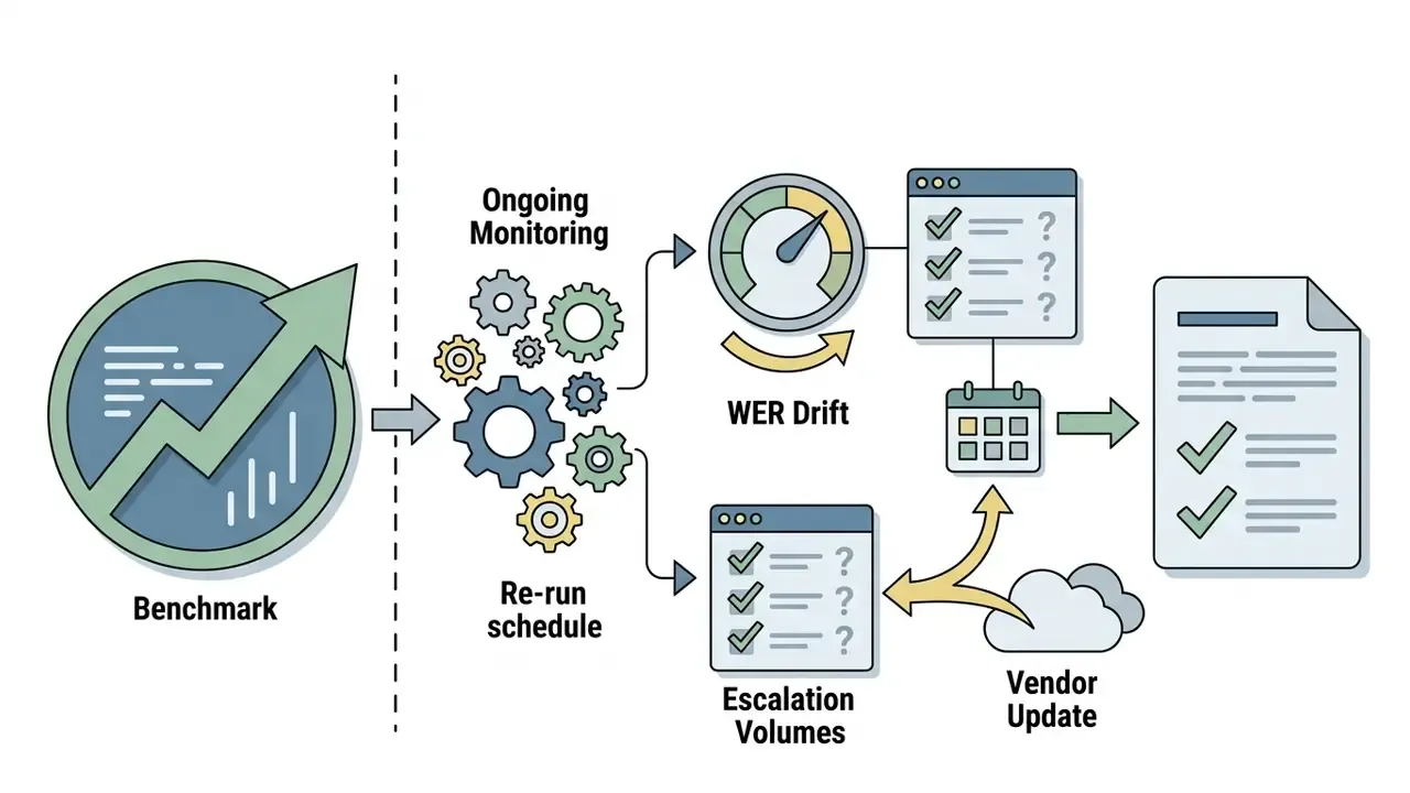 Benchmark and monitoring process tracking WER drift and escalation volumes following vendor updates