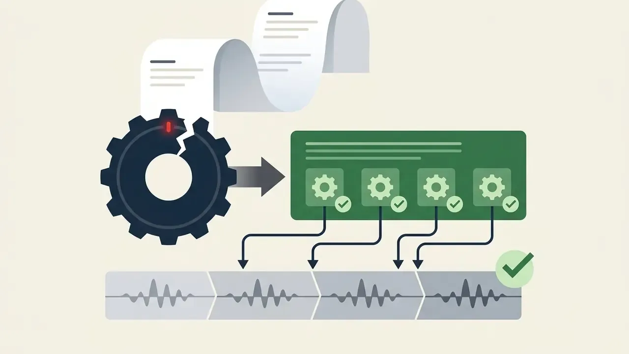 Broken gear feeding text segments into a processing block to create sequential audio sound wave clips