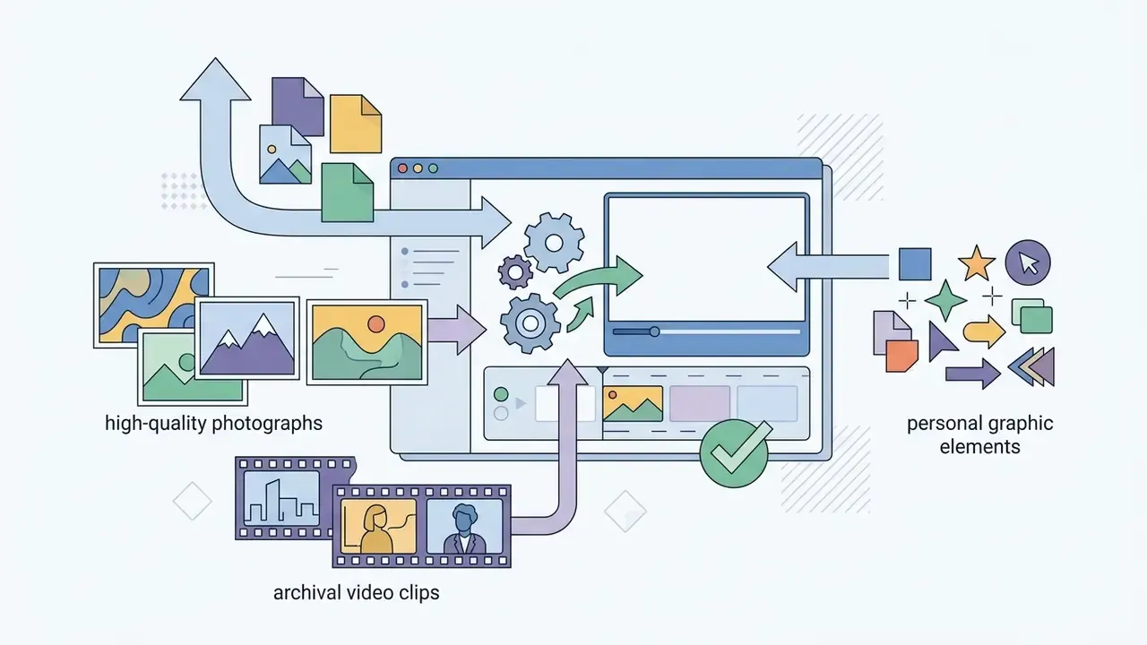 Visual representation of importing photographs, video clips, and graphics into a birthday video editor