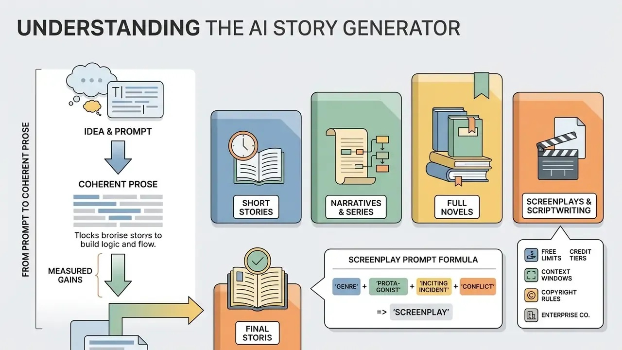 Infographic showing how an AI story generator converts prompts into various narrative formats