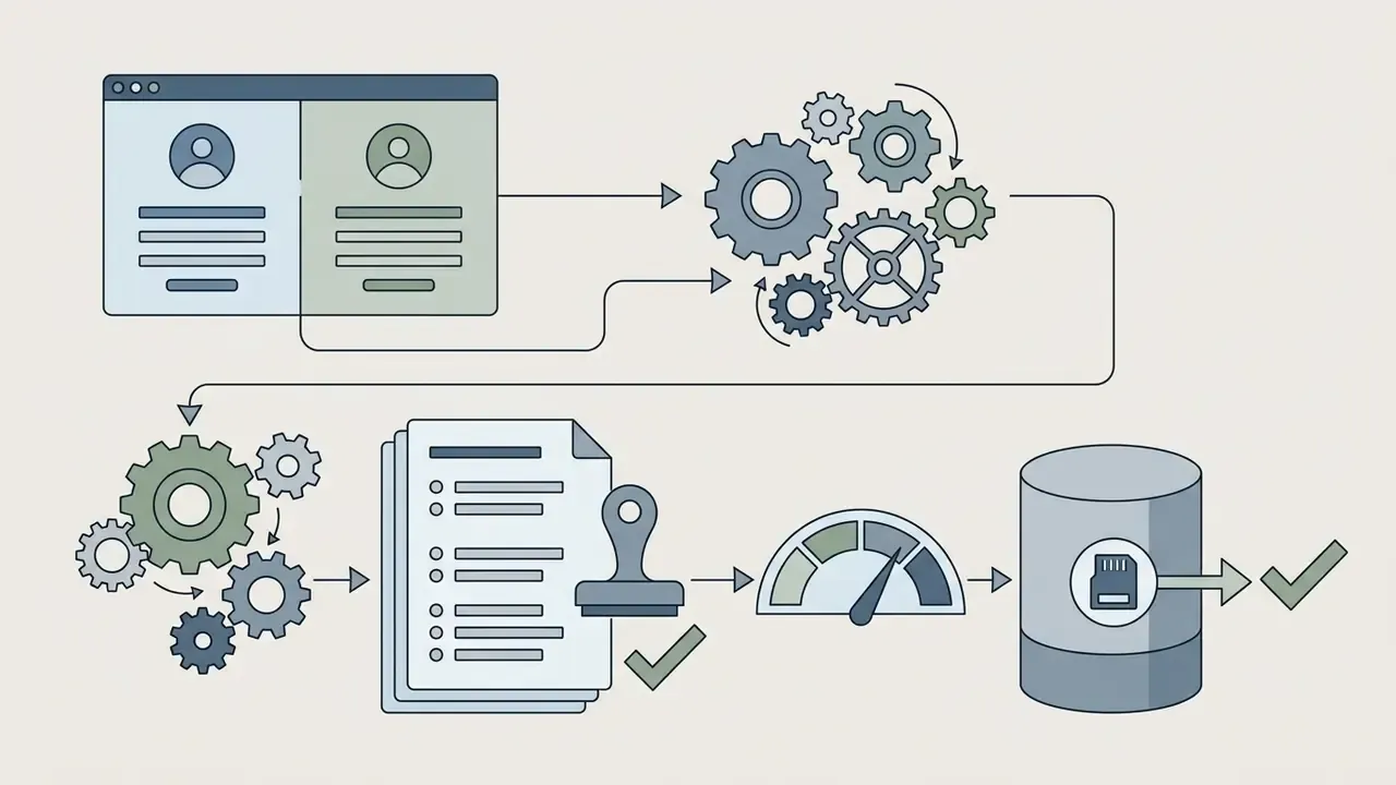 User profiles connected to gear mechanisms that process data into logged documents and storage