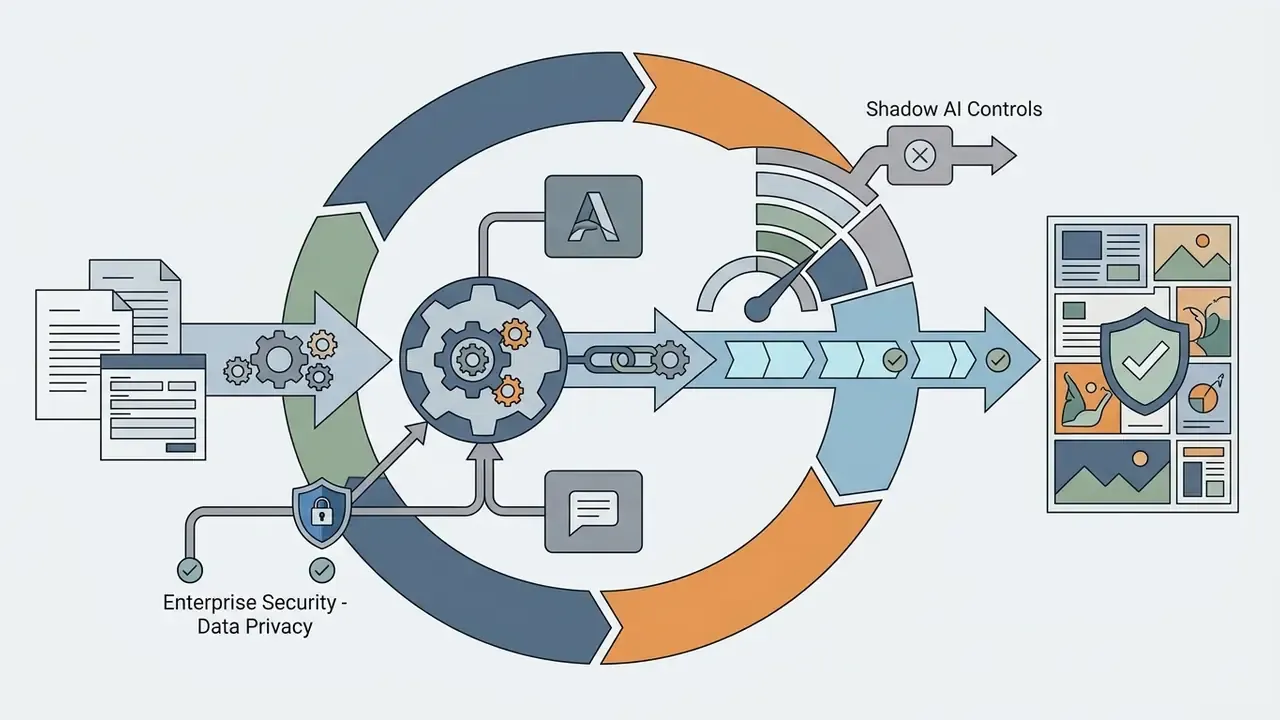 Documents flowing through a central gear mechanism into a secure pipeline for AI asset generation