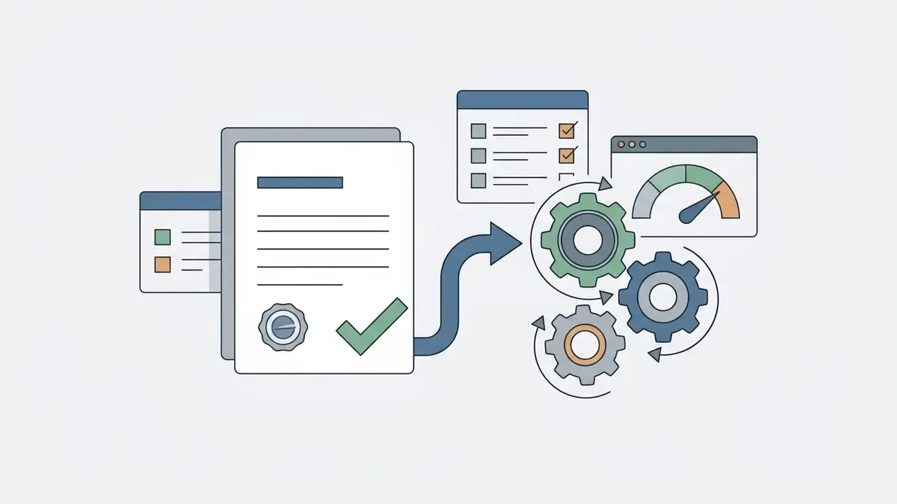 Signed contract document feeding into a system of gears and performance tracking dashboards