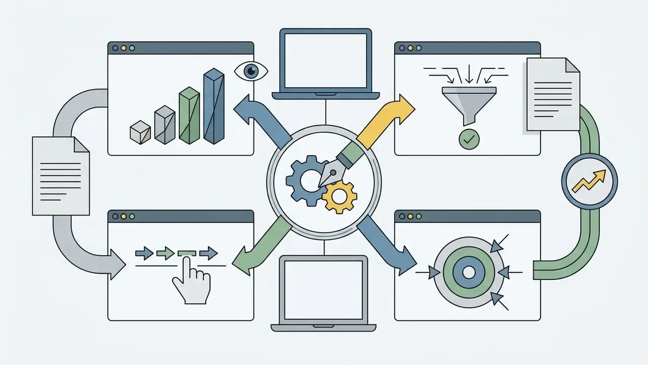Central gear and pen icon connecting browser windows with data charts, funnels, and process workflows
