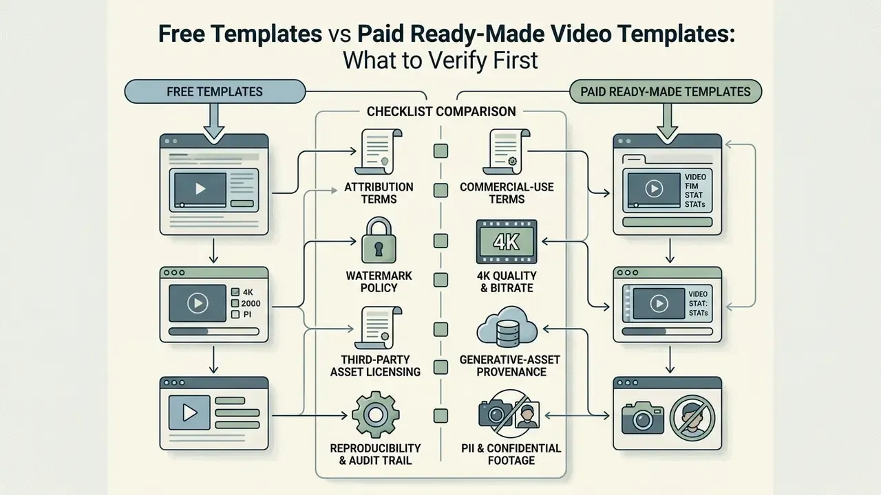 Comparison chart detailing licensing and quality requirements for free versus paid video templates