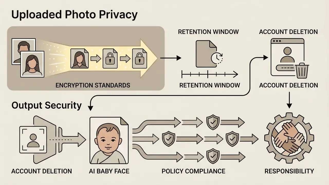 Diagram detailing data encryption, retention, account deletion, and policy compliance for user photos
