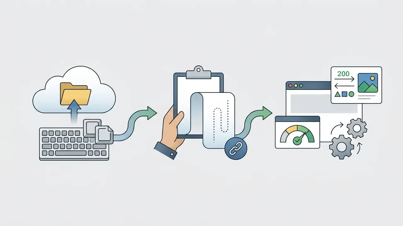Three stages showing file upload from keyboard, copying a link from a clipboard, and server verification