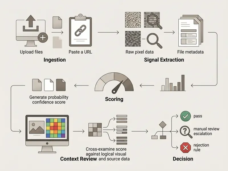 Diagram showing the multi-step process of file ingestion, signal extraction, scoring, and final decision