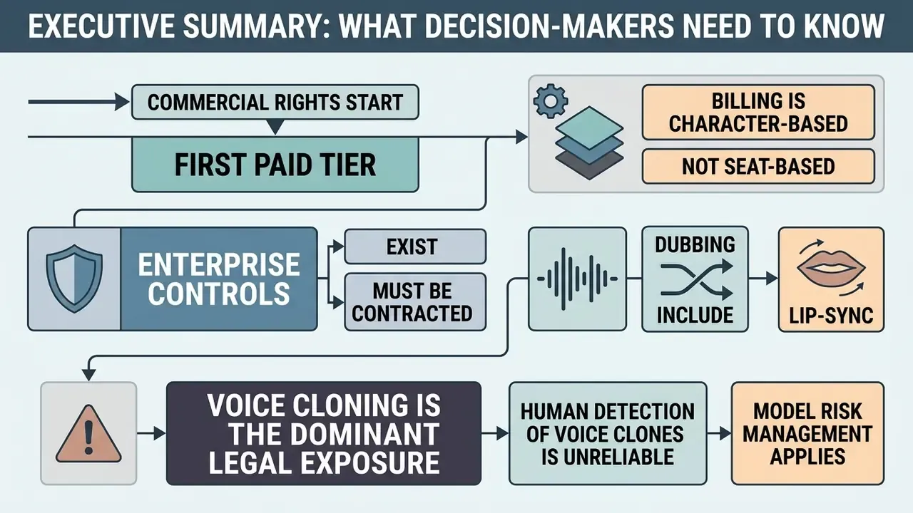 Flowchart outlining ElevenLabs AI voice generator commercial rights, billing, and legal considerations