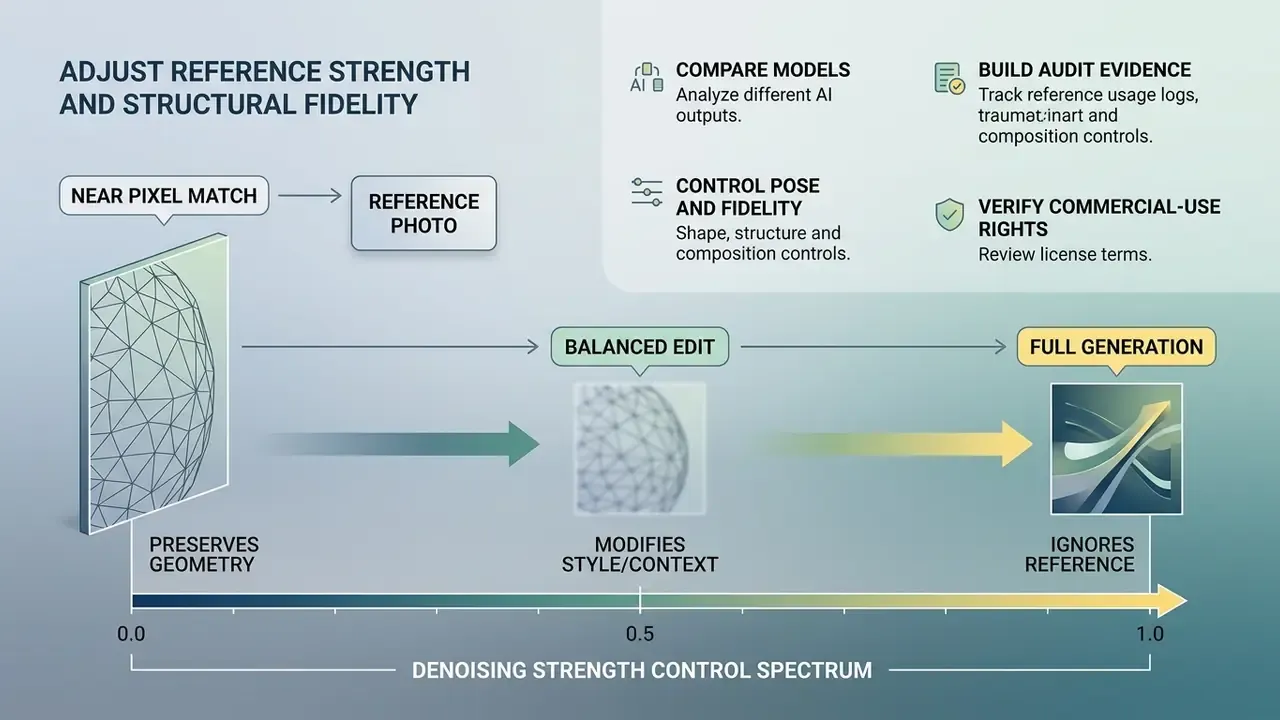 Spectrum graphic showing how denoising strength transitions from pixel matching to full AI generation