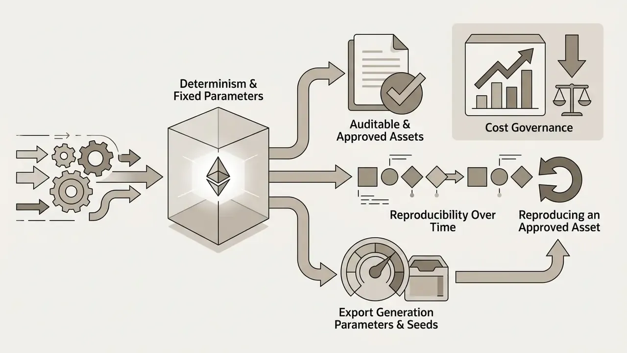 Gears feeding into a central box that outputs audit steps for asset reproducibility and cost governance