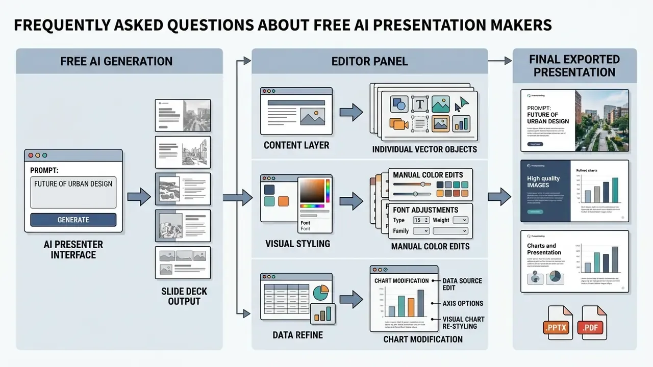Workflow showing AI slide generation followed by vector editing and final export to PPTX or PDF formats