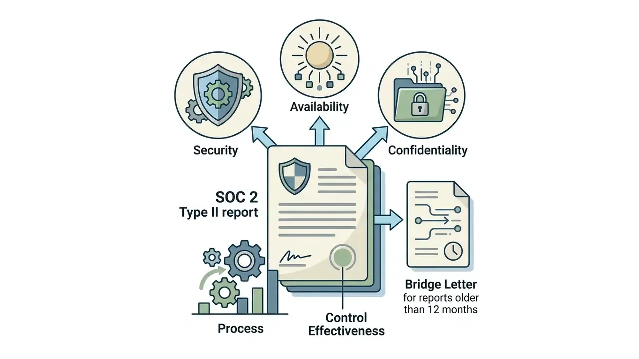 SOC 2 Type II report document linked to security, availability, confidentiality, and bridge letter icons