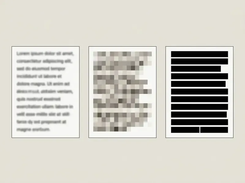 Comparison of text obscured by light blur, heavy pixelation, and opaque black redaction bars