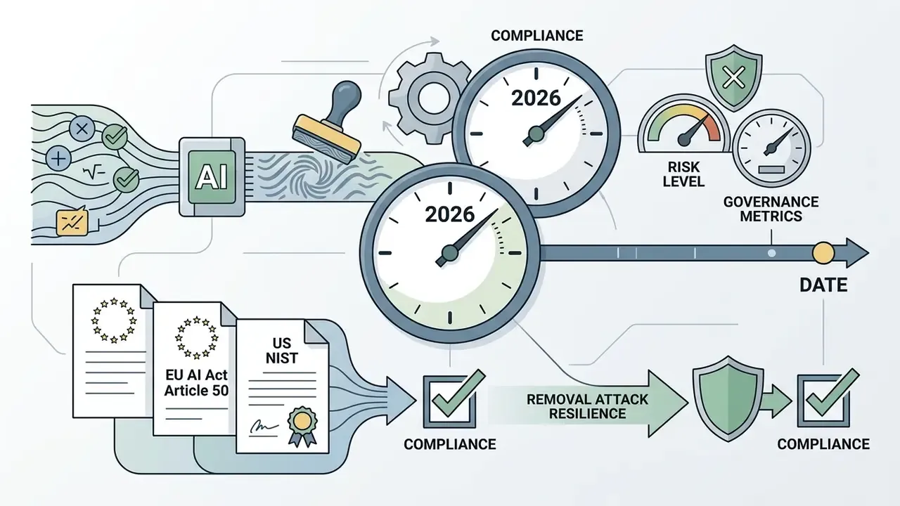 Timeline showing AI watermarking integration with regulatory compliance clocks and risk assessment metrics