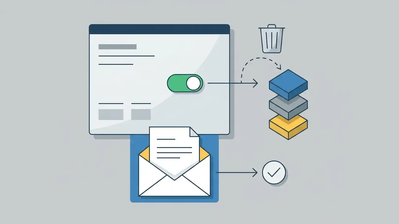 Dashboard toggle and email icon showing data deletion paths to a trash bin and confirmation checkmark