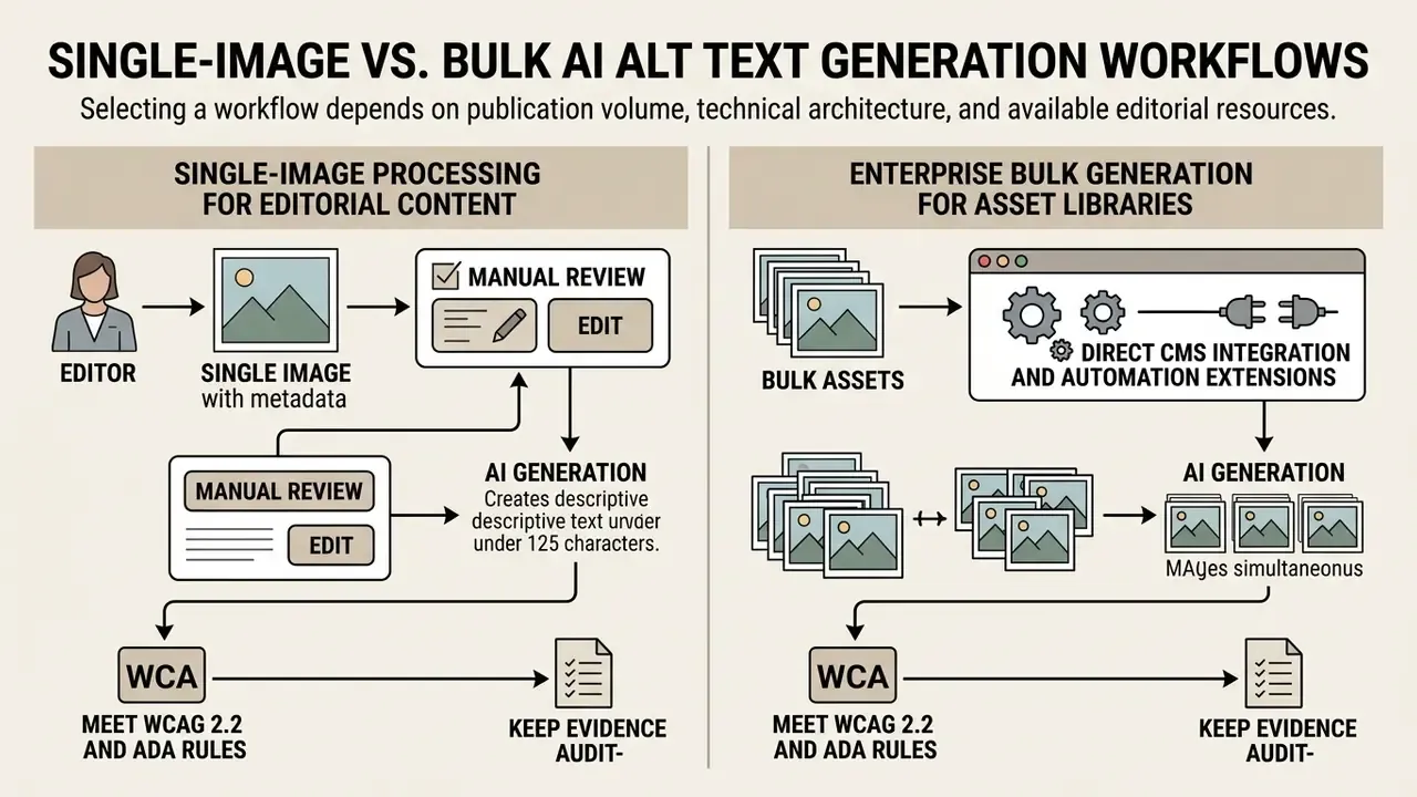 Comparison flowchart showing manual single-image processing versus automated bulk AI alt text generation