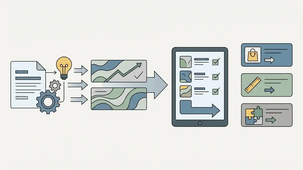 Document and gear icons feeding into a tablet interface that exports to shopping and utility modules