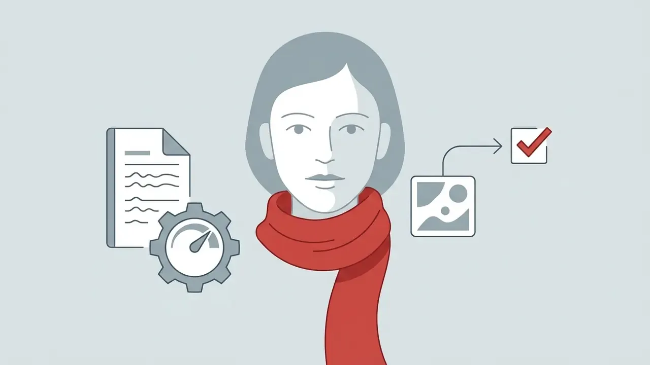 Stylized portrait of a person in a red scarf flanked by a document gear icon and a verified image icon
