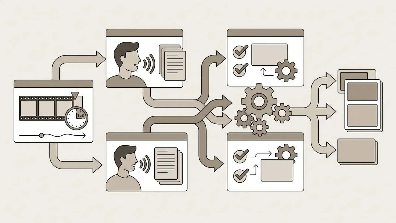 Long take video and script inputs processing through gear mechanisms to produce multiple video outputs