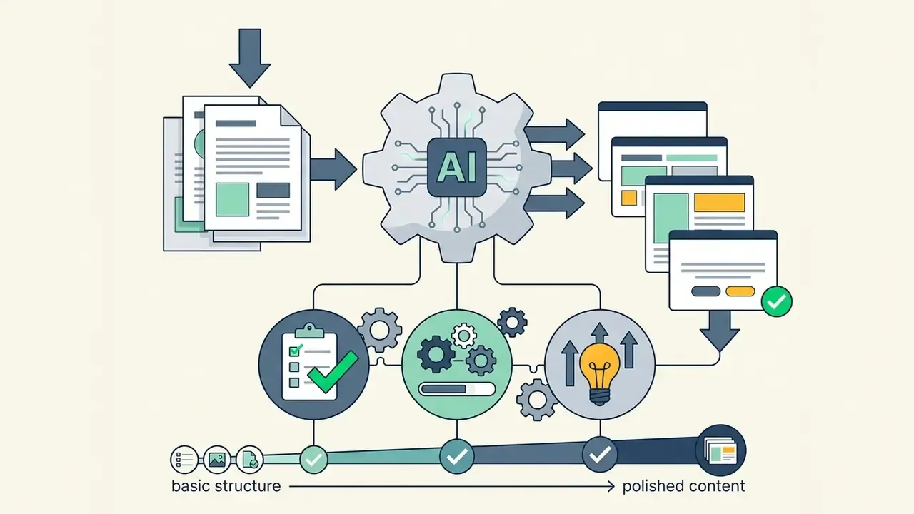 Diagram showing documents feeding into an AI engine to generate slides through a multi-stage process