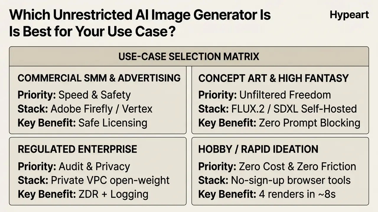 Selection matrix grid comparing priorities and tech stacks for various AI image generator use cases