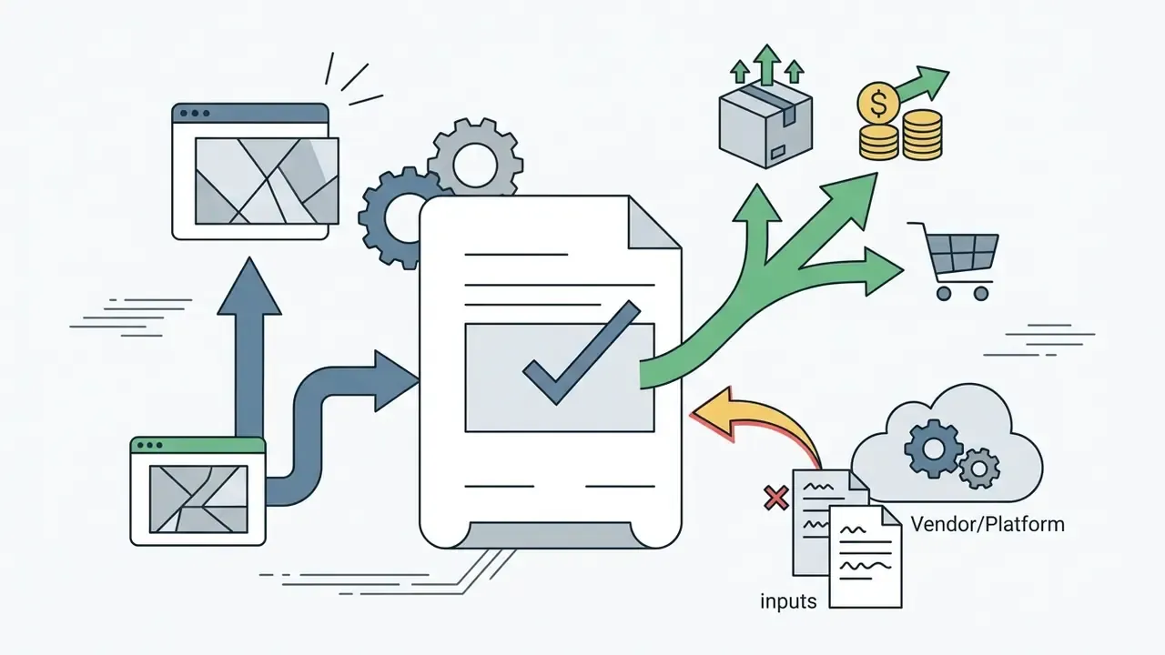 Document with a check mark branching into commercial icons while inputs move toward a cloud platform