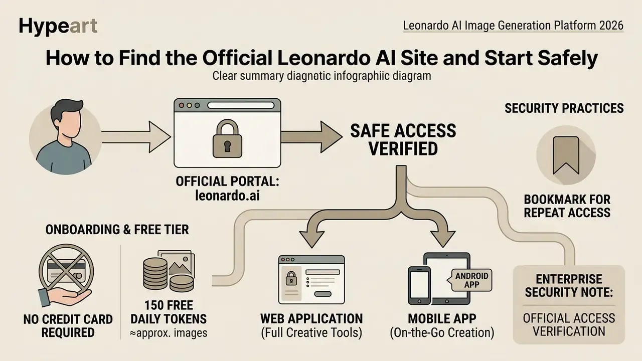 Flowchart illustrating the process of securely accessing the official Leonardo AI web and mobile platforms