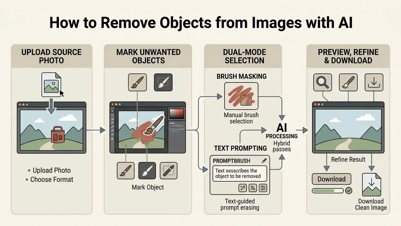 Four step process for using an AI image remover to upload, mask, process, and download edited photos