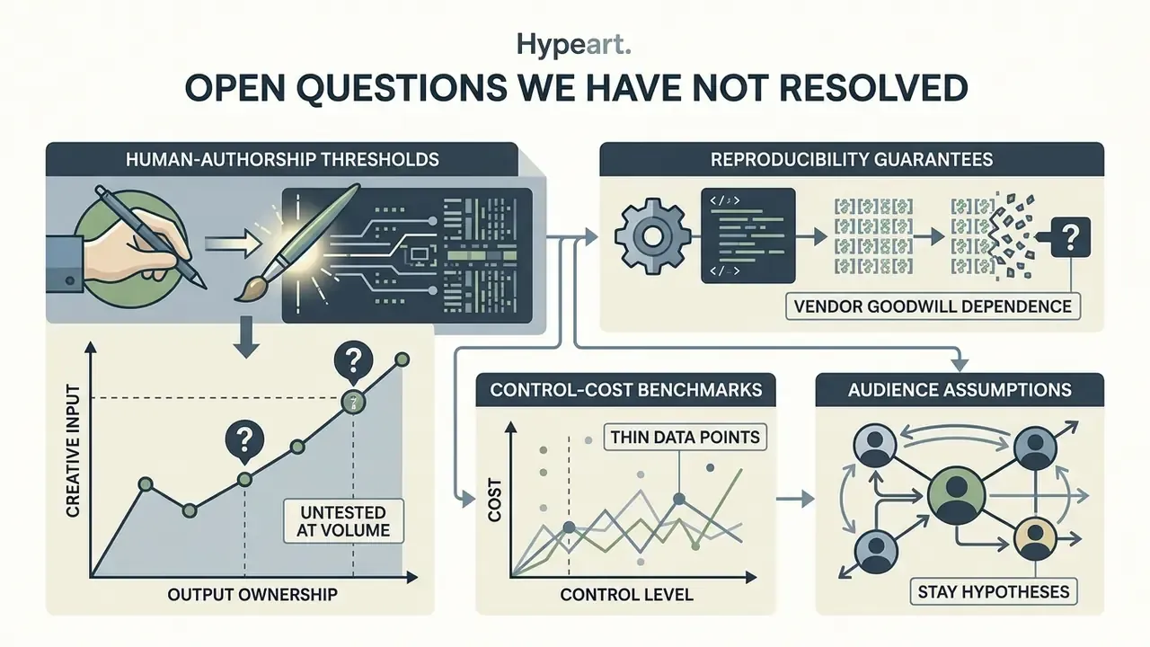 Infographic mapping four unresolved challenges regarding human authorship, reproducibility, costs, and audiences