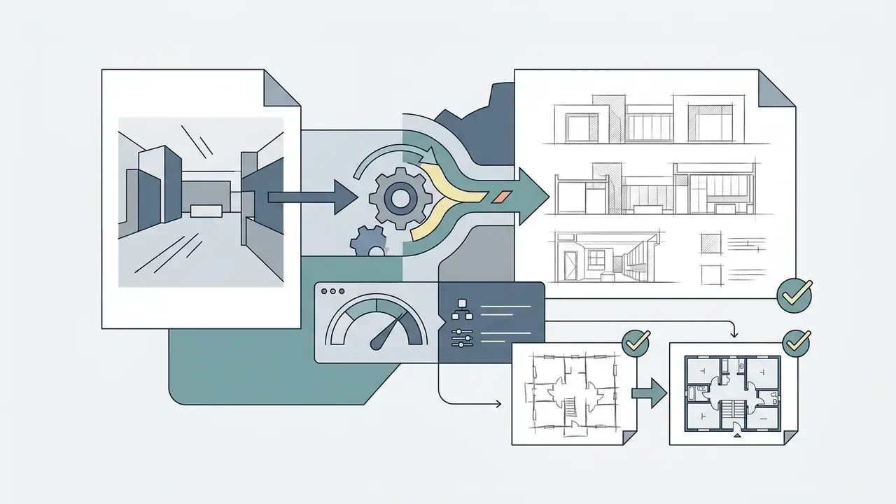 Architectural sketch being processed through a gear system to generate detailed elevation and floor plans