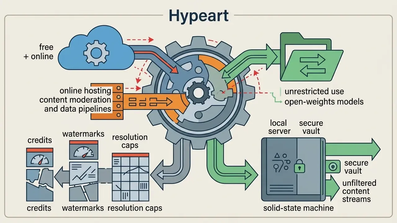 Central gear mechanism showing the flow between cloud moderation systems and local ai video generator models