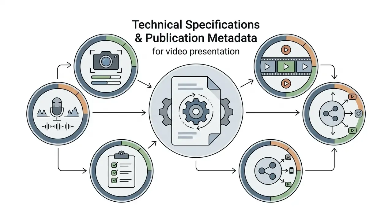 Icons representing recording and metadata steps feeding into a central gear process for a video presentation