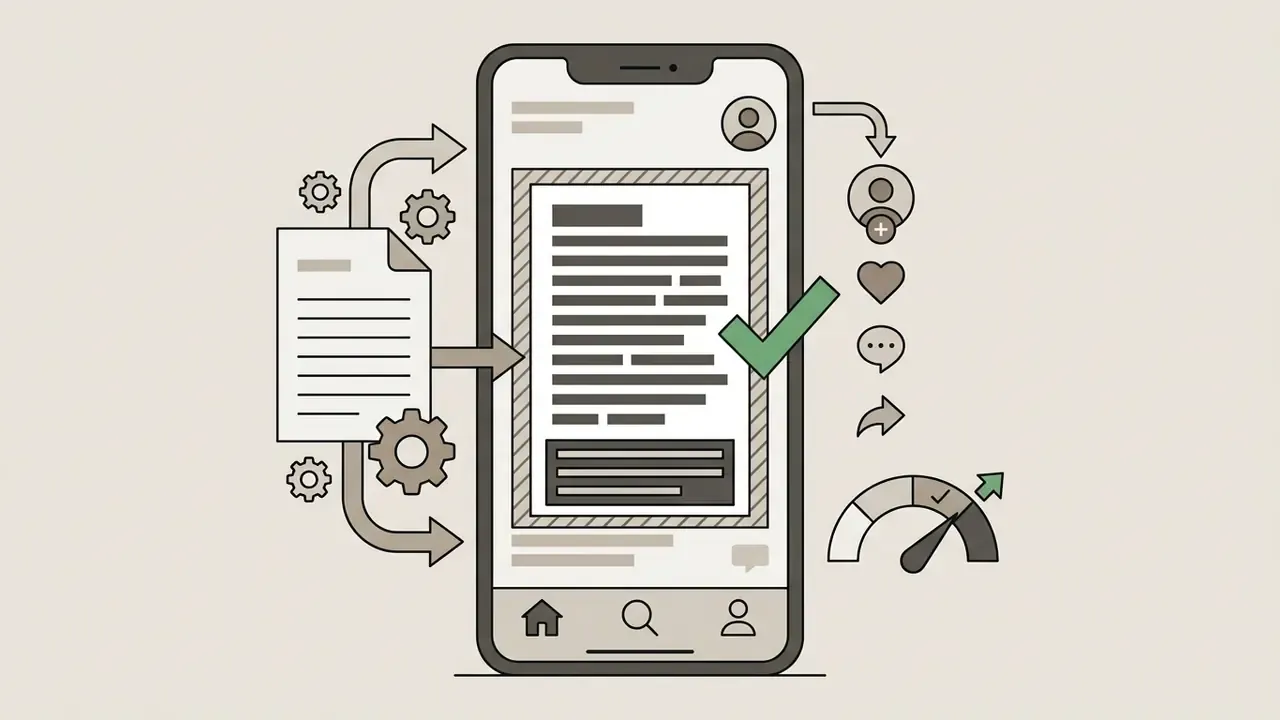 Digital device displaying text overlays with gear icons and social media engagement symbols