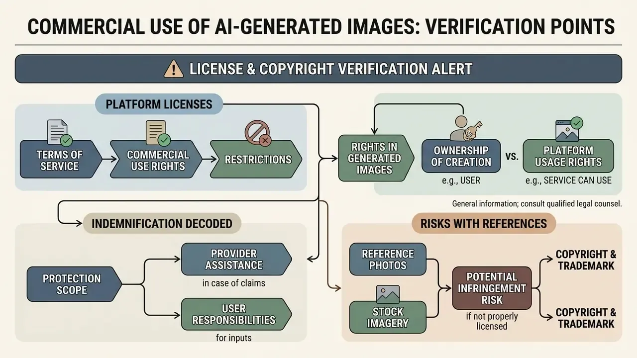 Infographic showing verification steps for platform licenses, ownership rights, indemnification, and risks
