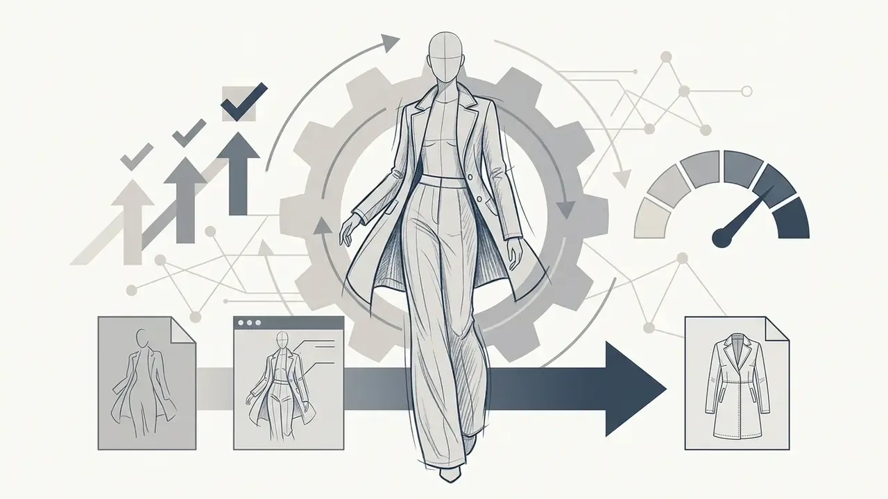 Fashion sketch of a model in a coat moving through a gear mechanism with progress arrows and a gauge
