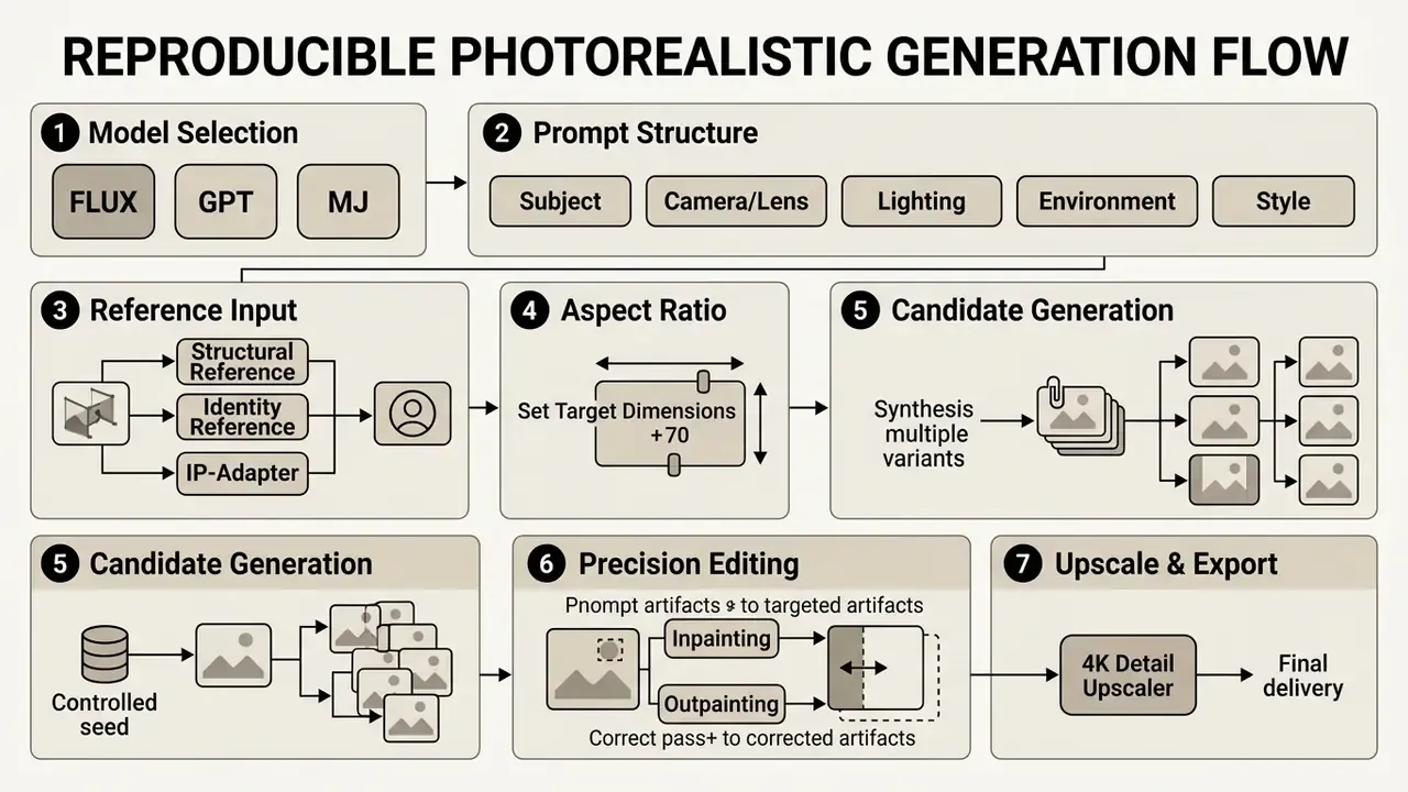 Step-by-step process for creating photorealistic AI images from model selection to final export