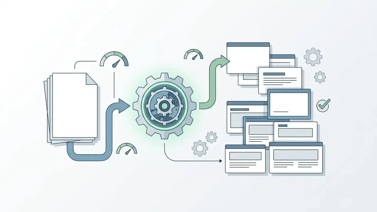 Document stack feeding into a central gear mechanism that outputs a series of organized slide layouts