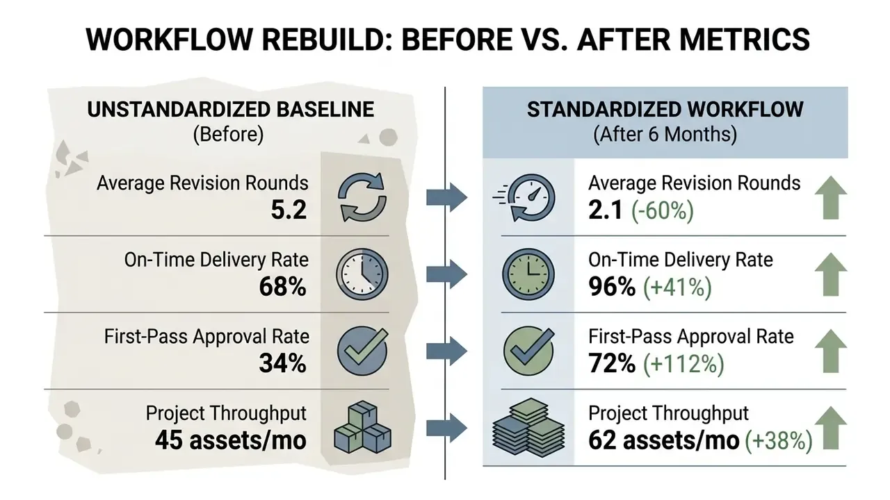 Table showing improvements in revision rounds, delivery rates, and throughput after standardizing processes